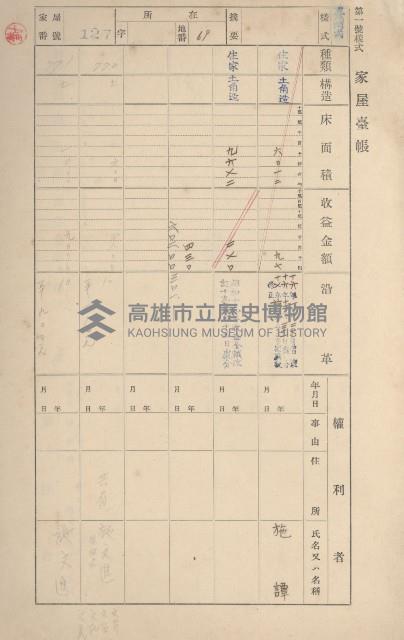 鳳山郡鳥松庄田草埔家屋臺帳
（二冊之內第一號）藏品圖，第129張
