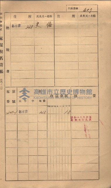 高雄州鳳山郡大樹庄無水寮家屋稅名寄帳
（二冊之內第二號）藏品圖，第209張