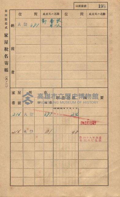 高雄州鳳山郡大樹庄大樹家屋稅名寄帳
（一冊之內第一號）藏品圖，第209張