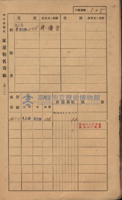 高雄州鳳山郡林園庄王公廟家屋稅名寄帳
（三冊之內第三號）藏品圖，第109張