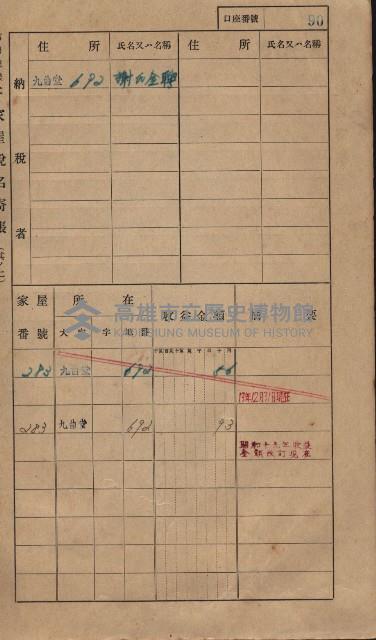 高雄州鳳山郡大樹庄九曲堂家屋稅名寄帳
（二冊之內第一號）藏品圖，第109張