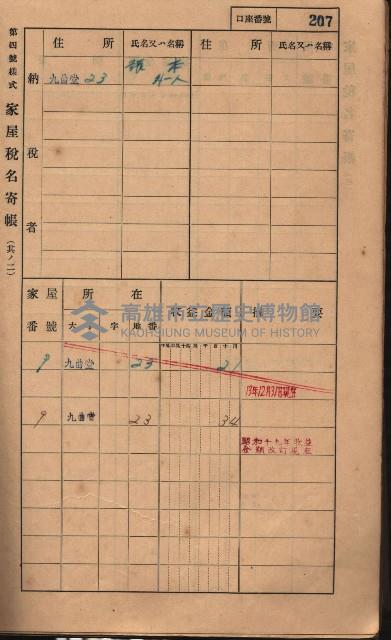 高雄州鳳山郡大樹庄九曲堂家屋稅名寄帳
（二冊之內第二號）藏品圖，第9張