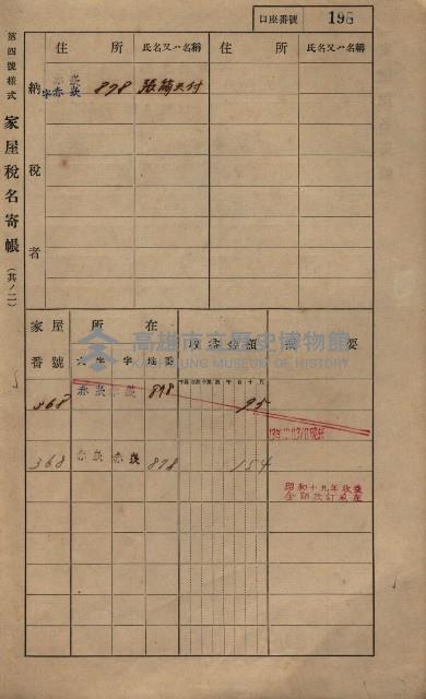 高雄州鳳山郡大寮庄赤崁家屋稅名寄帳
（三冊之內第一號）藏品圖，第219張