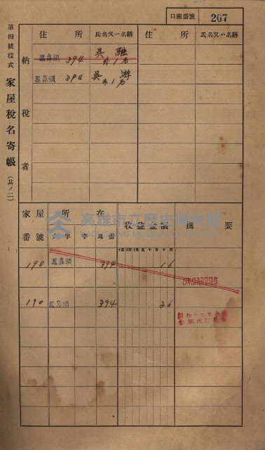 高雄州鳳山郡小港庄鳳鼻頭家屋稅名寄帳
（一冊之內第一號）藏品圖，第219張