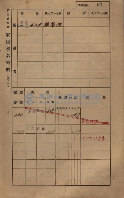 高雄州鳳山郡大寮庄赤崁家屋稅名寄帳
（三冊之內第一號）藏品圖，第119張