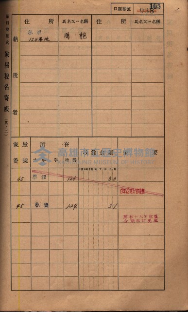 高雄州鳳山郡鳥松庄夢裡、崎子脚、十九灣家屋稅名寄帳
（一冊之內第一號）藏品圖，第119張