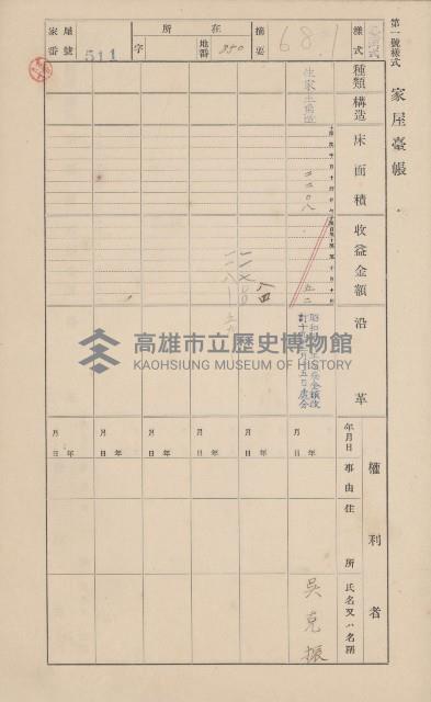 鳳山郡仁武庄翠屏村二之二家屋臺帳
（四冊之內第四號）藏品圖，第19張