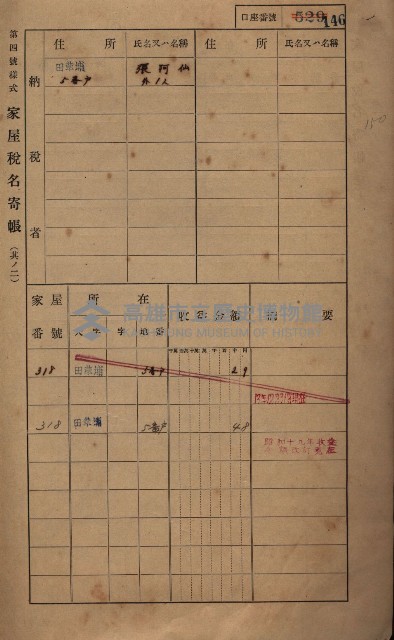 高雄州鳳山郡鳥松庄田草埔家屋稅名寄帳藏品圖，第159張