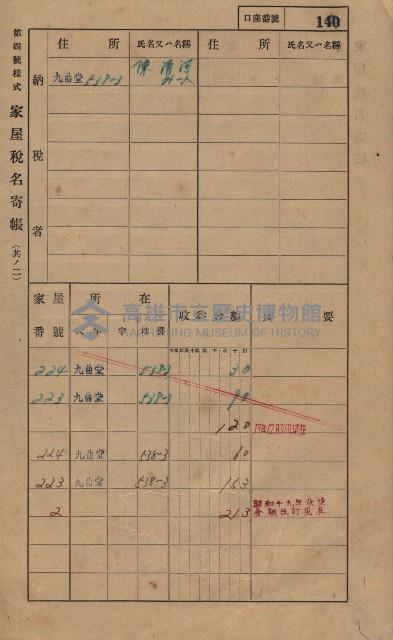 高雄州鳳山郡大樹庄九曲堂家屋稅名寄帳
（二冊之內第一號）藏品圖，第159張