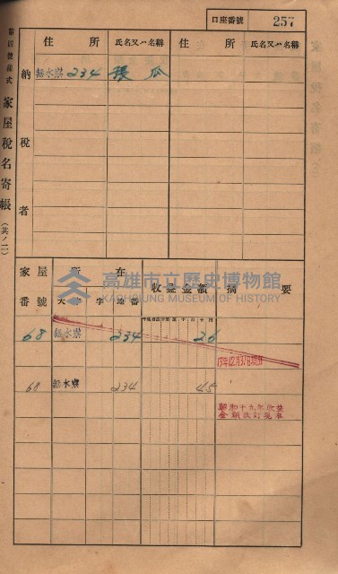 高雄州鳳山郡大樹庄無水寮家屋稅名寄帳
（二冊之內第二號）藏品圖，第59張