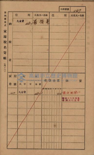 高雄州鳳山郡大樹庄九曲堂家屋稅名寄帳
（二冊之內第二號）藏品圖，第149張