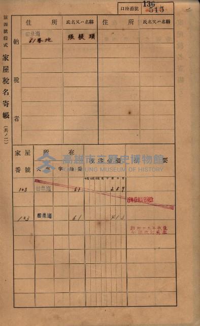 高雄州鳳山郡鳥松庄田草埔家屋稅名寄帳藏品圖，第149張