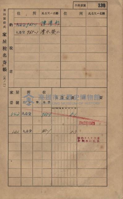 高雄州鳳山郡大樹庄九曲堂家屋稅名寄帳
（二冊之內第一號）藏品圖，第149張
