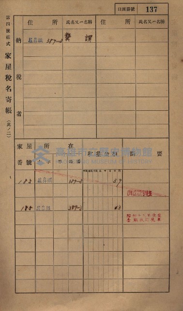 高雄州鳳山郡小港庄鳳鼻頭家屋稅名寄帳
（一冊之內第一號）藏品圖，第149張