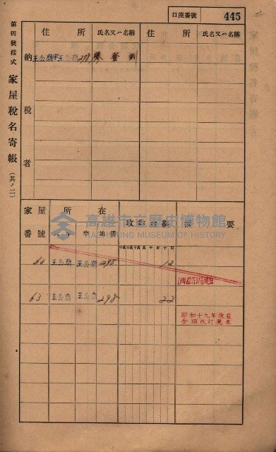 高雄州鳳山郡林園庄王公廟家屋稅名寄帳
（三冊之內第三號）藏品圖，第49張