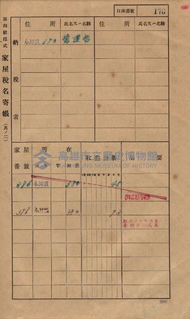 高雄州鳳山郡大樹庄小坪頂家屋稅名寄帳
（三冊之內第一號）藏品圖，第199張