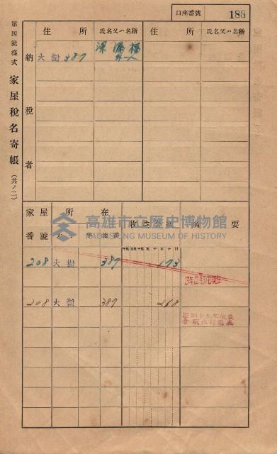 高雄州鳳山郡大樹庄大樹家屋稅名寄帳
（一冊之內第一號）藏品圖，第199張