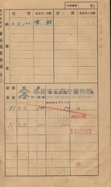 高雄州鳳山郡大樹庄大樹家屋稅名寄帳
（一冊之內第一號）藏品圖，第99張