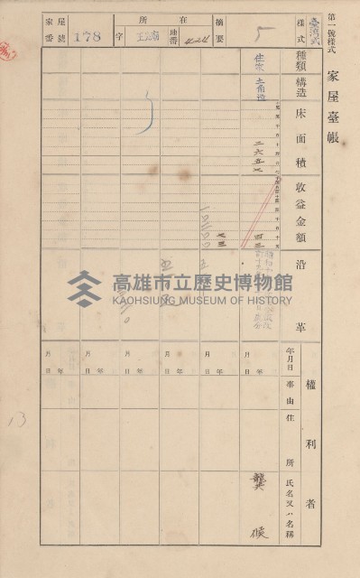 鳳山郡林園庄王公廟家屋臺帳（三冊之內第一號）藏品圖，第189張
