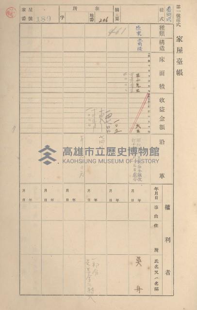 鳳山郡鳥松庄田草埔家屋臺帳
（二冊之內第一號）藏品圖，第189張