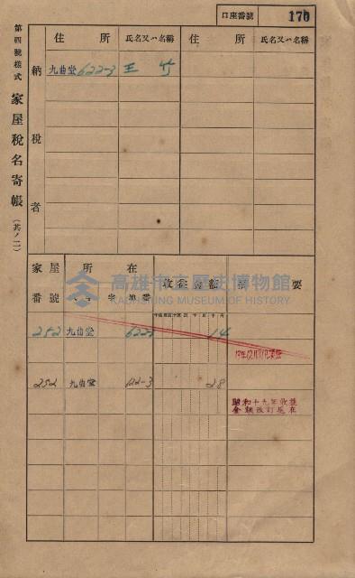 高雄州鳳山郡大樹庄九曲堂家屋稅名寄帳
（二冊之內第一號）藏品圖，第189張