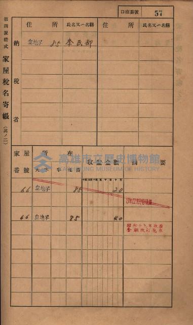 高雄州鳳山郡小港庄塩水港、中大厝、空地子
家屋稅名寄帳（一冊之內第一號）藏品圖，第89張
