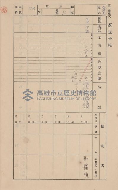 鳳山郡大樹庄九曲堂家屋臺帳（二冊之內第一號）藏品圖，第89張