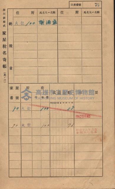 高雄州鳳山郡大樹庄大樹家屋稅名寄帳
（一冊之內第一號）藏品圖，第89張
