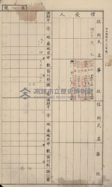 冊之內第○號
高雄州旗山郡旗山街貸付料名寄帳
臺灣拓殖株式會社藏品圖，第239張