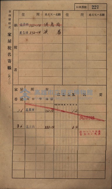 高雄州鳳山郡小港庄鳳鼻頭家屋稅名寄帳
（一冊之內第一號）藏品圖，第239張