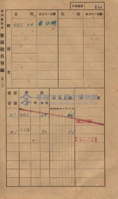 高雄州鳳山郡大樹庄小坪頂家屋稅名寄帳
（三冊之內第一號）藏品圖，第139張