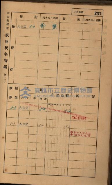 高雄州鳳山郡大樹庄九曲堂家屋稅名寄帳
（二冊之內第二號）藏品圖，第39張
