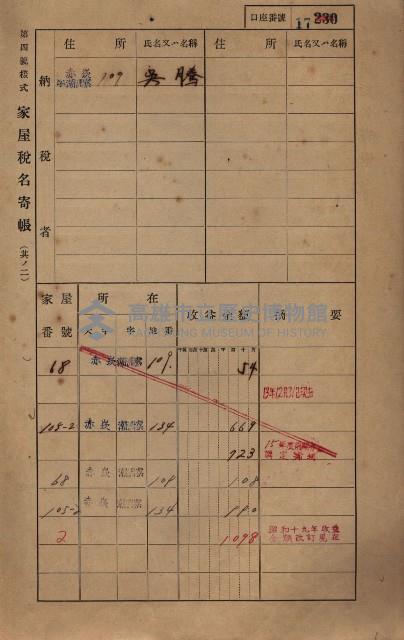 高雄州鳳山郡大寮庄赤崁家屋稅名寄帳
（三冊之內第一號）藏品圖，第39張