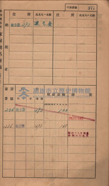 高雄州鳳山郡大樹庄無水寮家屋稅名寄帳
（二冊之內第二號）藏品圖，第179張