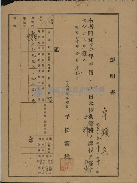 大安公學校卒業證明書（卓顯宗）藏品圖，第1張