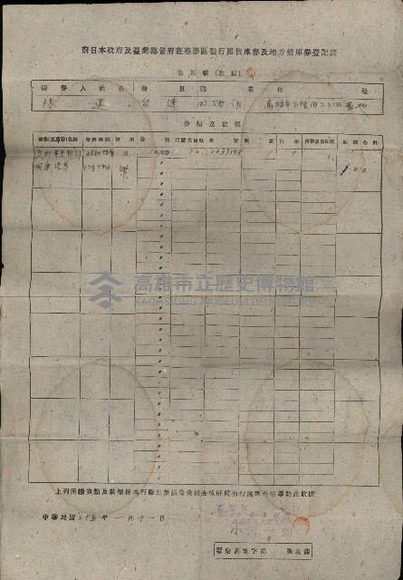 前日本政府及臺灣總督府在臺澎區發行國債庫劵及地方債庫劵登記表藏品圖，第1張