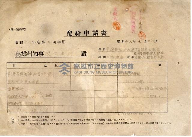高雄州戰時配給申請書藏品圖，第1張