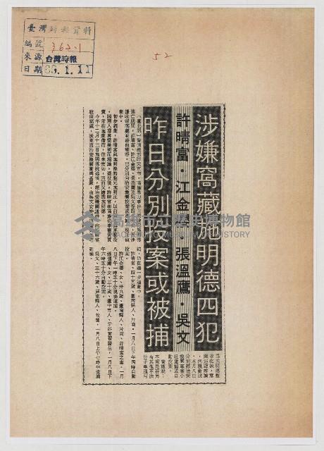 涉嫌窩藏施明德四犯 許晴富‧江金櫻‧張溫鷹‧吳文 昨日分別投案或被捕藏品圖，第1張