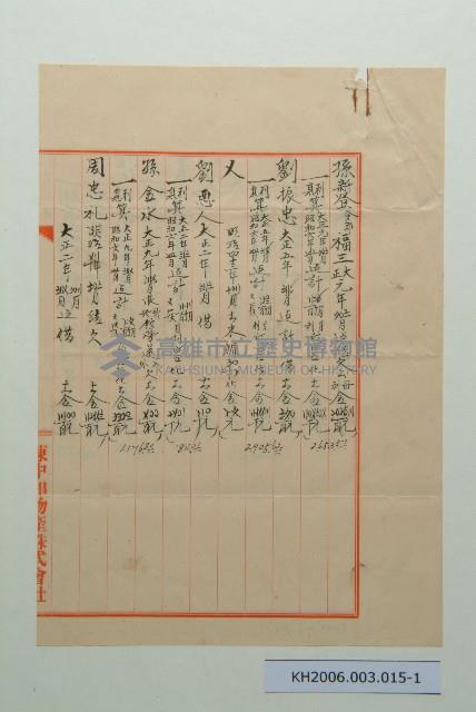陳中和物產株式會社收帳明細藏品圖，第1張