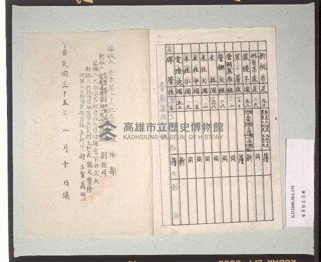 臺灣日本海軍航空隊大林基地普通器材呈繳清冊藏品圖，第3張