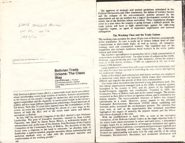 英文文章〈Bolivian Trade Union: The Class Way〉影本的圖片