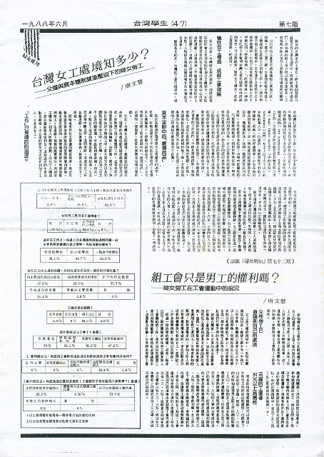 〈台灣女工處境知多少?—父權與資本體制雙重壓迫下的婦女勞工〉、〈組工會只是男工的權利嗎？婦女勞工在工會運動中的現況〉剪報影本的圖片