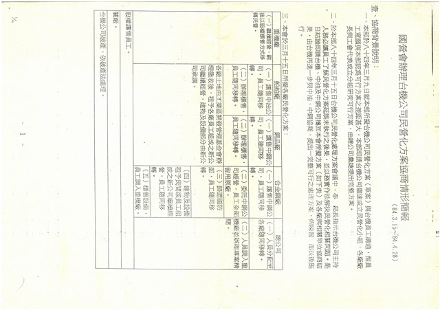 國營會辦理台機公司民營化方案協商情形簡報影本的圖片