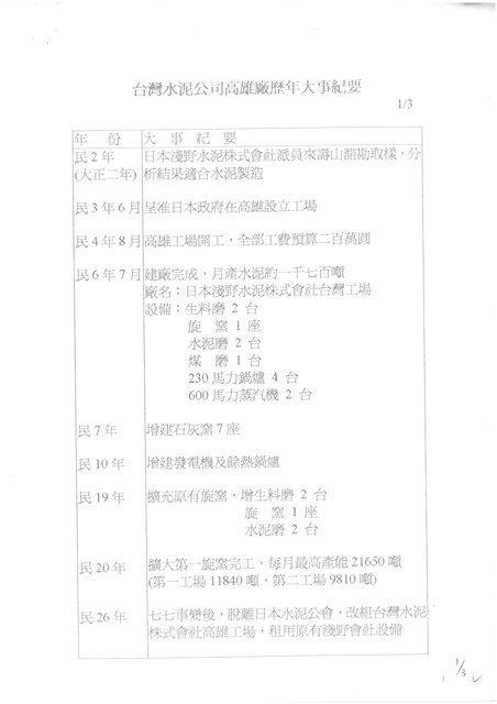 台灣水泥公司高雄廠歷年大事記影本的圖片