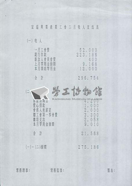 遠宏興業產業工會二月收入支出表藏品圖，第1張