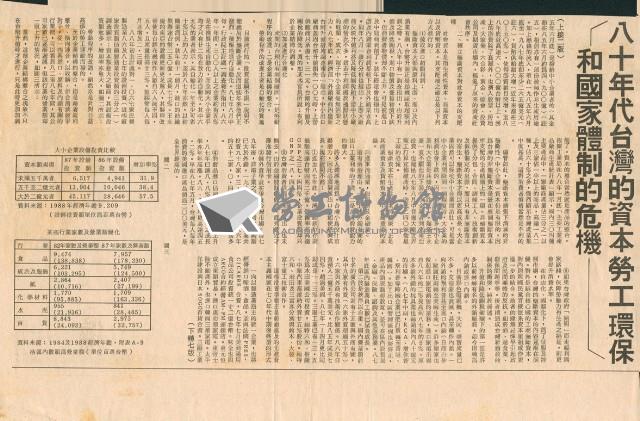 〈八十年代台灣的資本勞工環保和國家體制的危機〉剪報藏品圖，第1張