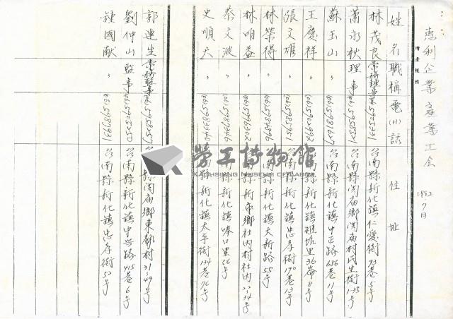 「惠利企業產業工會」聯絡名冊藏品圖，第1張