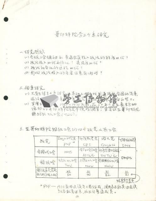 洪哲勝譯〈哥印拜陀勞工個案研究〉手稿影本藏品圖，第1張
