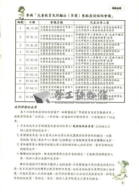 高雄縣保育人員職業工會、高雄市輔育人員職業工會、台南市保育人員職業工會、台南縣保育人員職業工會、台北市教保人員協會《聯合會刊》2008年4月春季版藏品圖，第12張