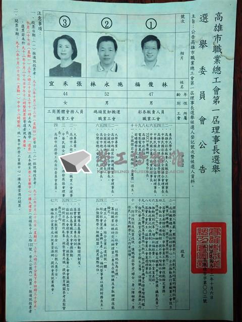 高雄市職業總工會第一屆理事長選舉選舉委員會公告藏品圖，第1張